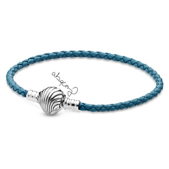 EUC Pandora 598951C01 Turquoise Braided Leather Bracelet w/ Silver Shell Clasp - Picture 1 of 10
